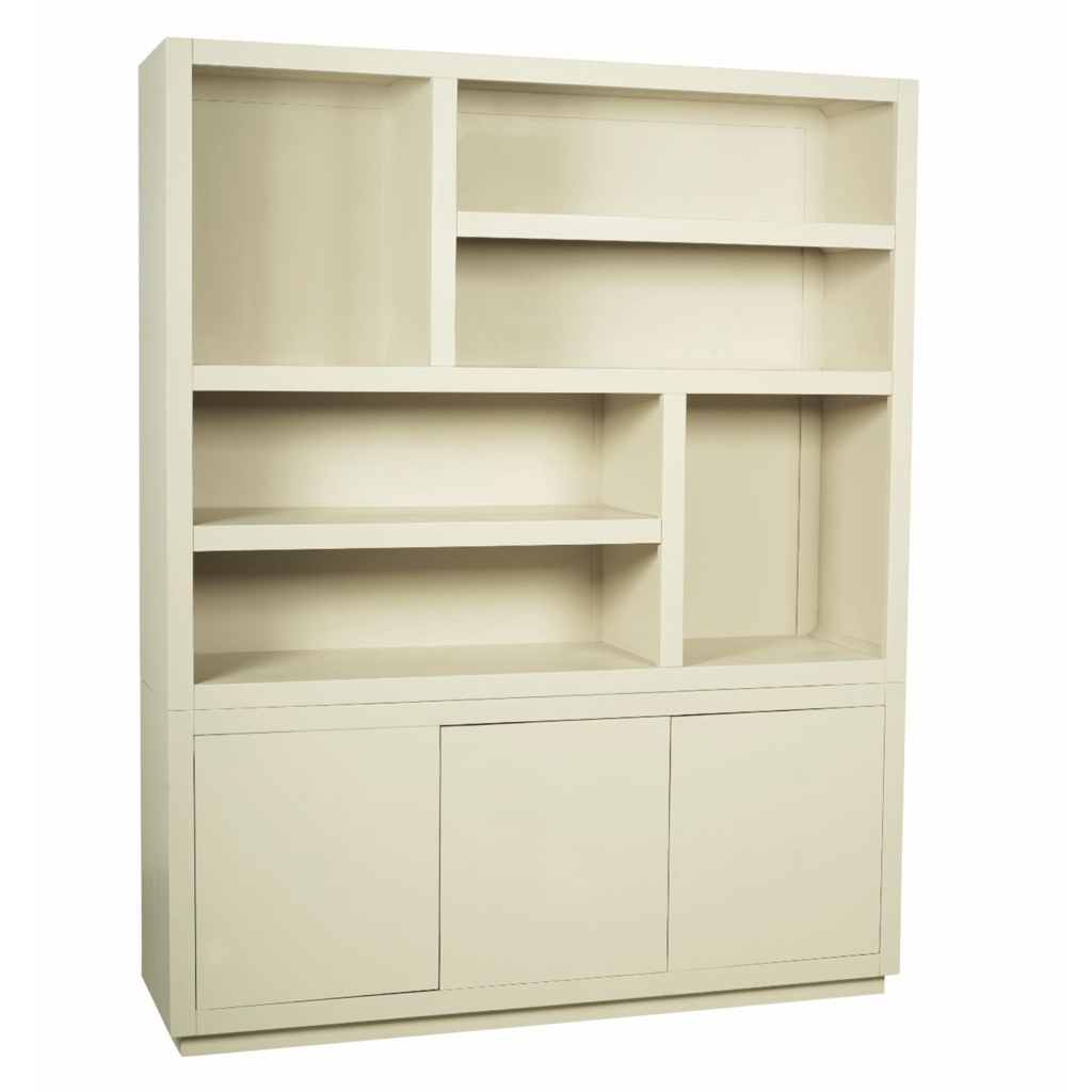 Regal Bali XL 160x45x200 cm – Mangoholz Bücherregal in Sand-Finish mit offenen Fächern & 3 Türen (Push-to-Open)