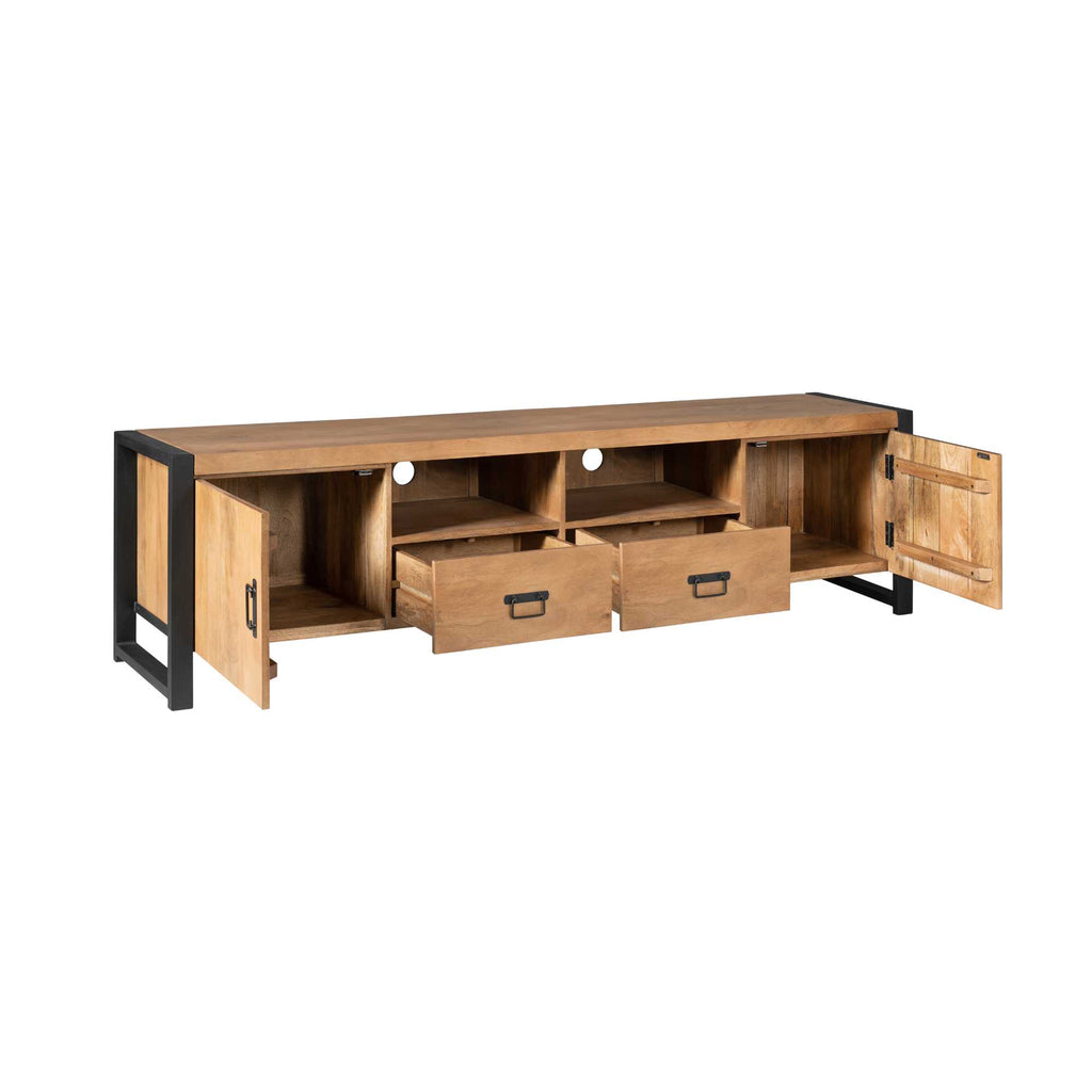 TV-Board Bori Natur– Mangoholz Lowboard mit 2 Türen, Fach & 2 Schubladen, 200×45×55 cm