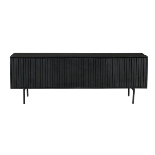 TV Board Mandy 165x45x55 cm – modernes Mangoholz Lowboard mit schwarzem Metallrahmen & Lamellenfront