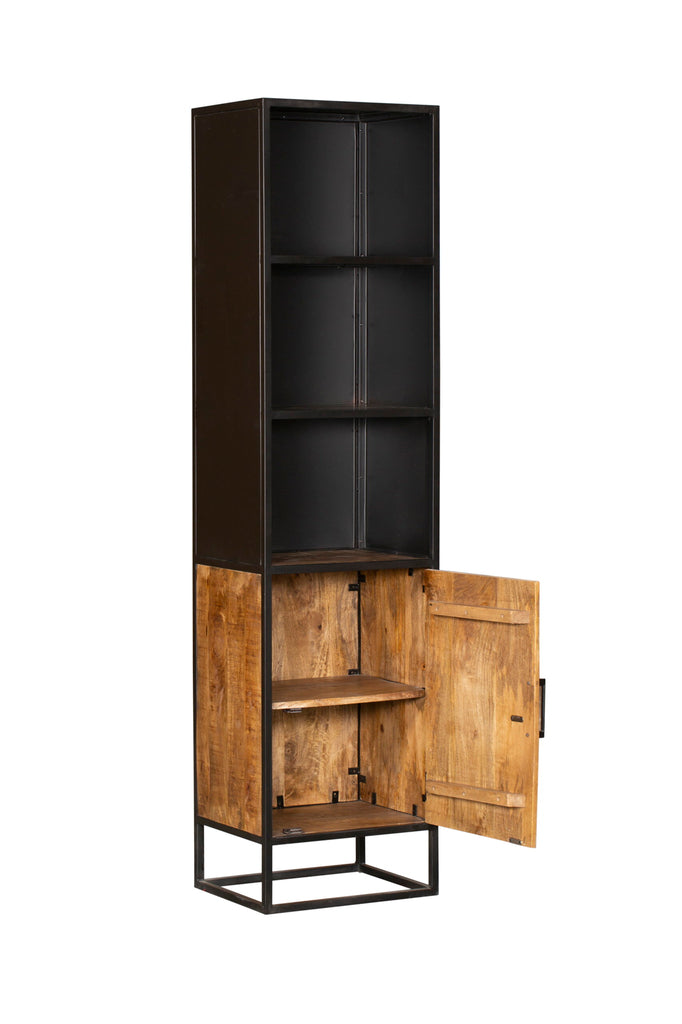 Bücherregal Orlen Mangoholz & Metall 50x40x200 cm – Industrial Regal mit Tür & offenen Fächern