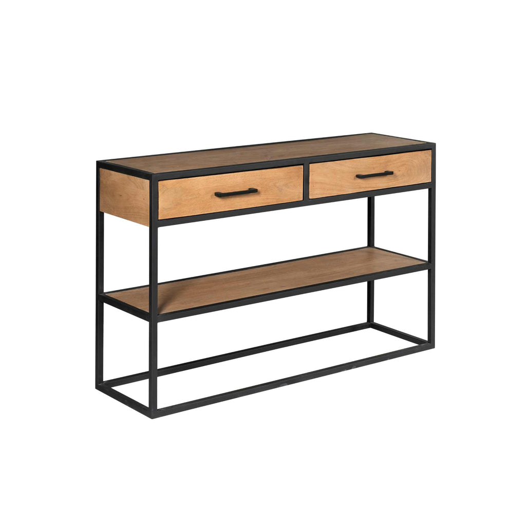 Beistelltisch Delta Natur – Mangoholz & Metall mit 2 Schubladen & Ablage, 120 x 35 x 76 cm