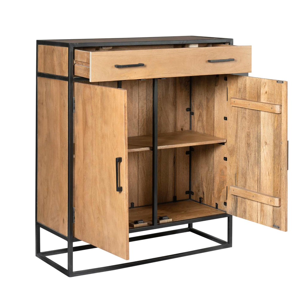 Schrank Delta aus Mangoholz mit Metallgestell – 2 Türen & 1 Schublade, modernes Design in Schwarz, 100 x 40 x 115 cm