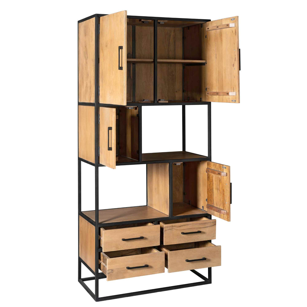 Schrank Delta 90x45x200 cm – Massives Mangoholz Bücherregal Natur mit Metallrahmen & viel Stauraum