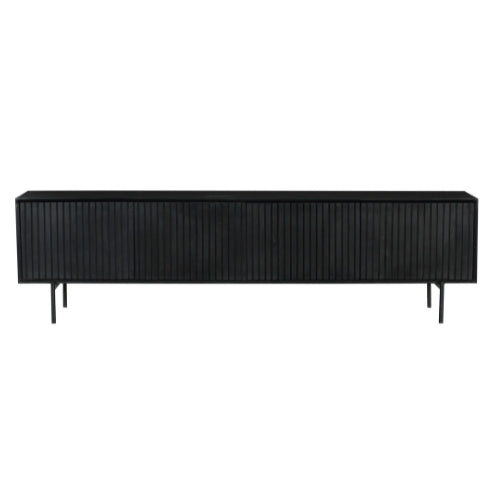 TV-Schrank Mandy Schwarz – Mangoholz TV-Board mit Metallrahmen & Lamellen-Front, 210×55×45 cm, 4 Türen im modernen Design