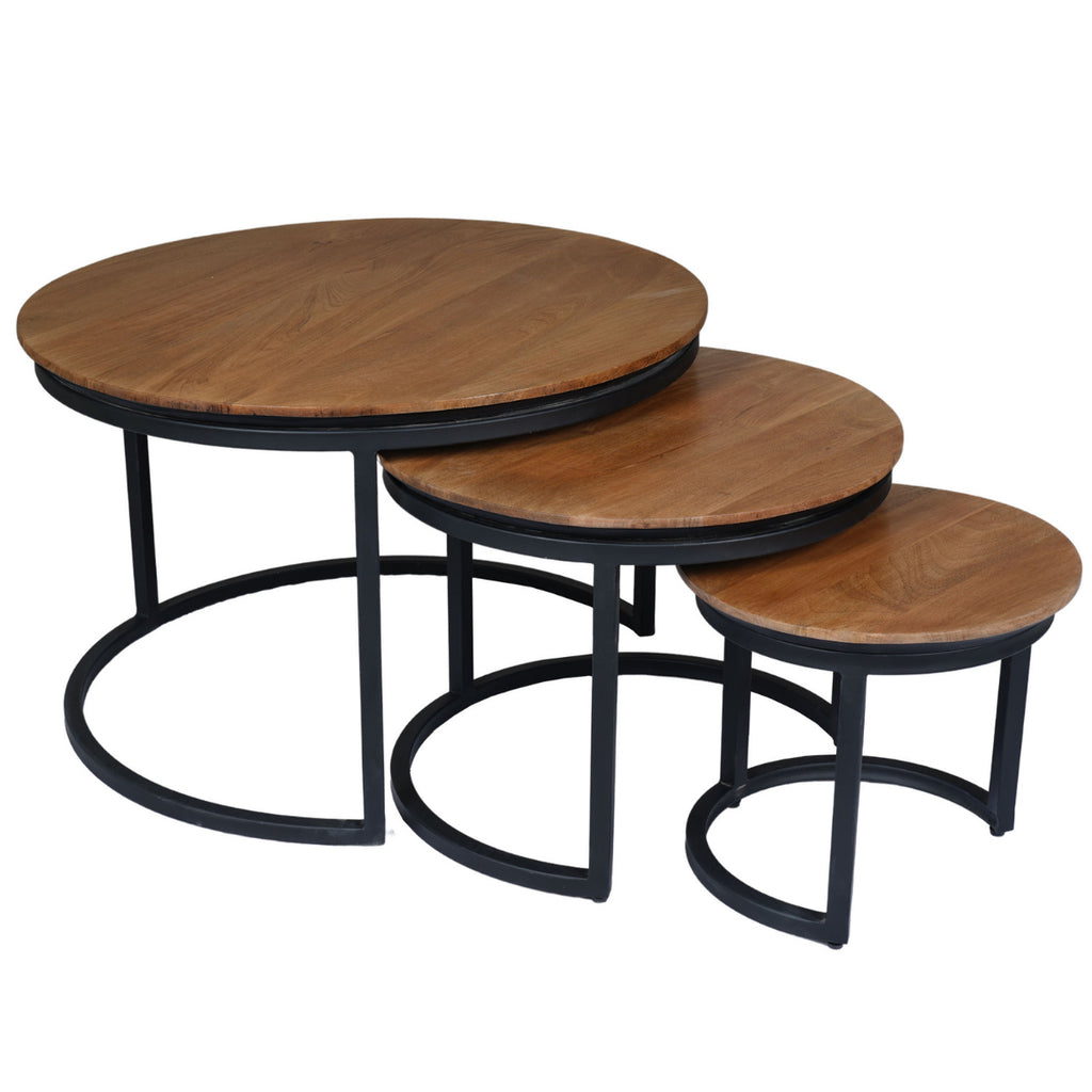 Couchtisch-Set Rois 3er-Set rund aus Mangoholz 70/50/35 cm – moderne Wohnzimmertische mit Strukturfront & Metallgestell