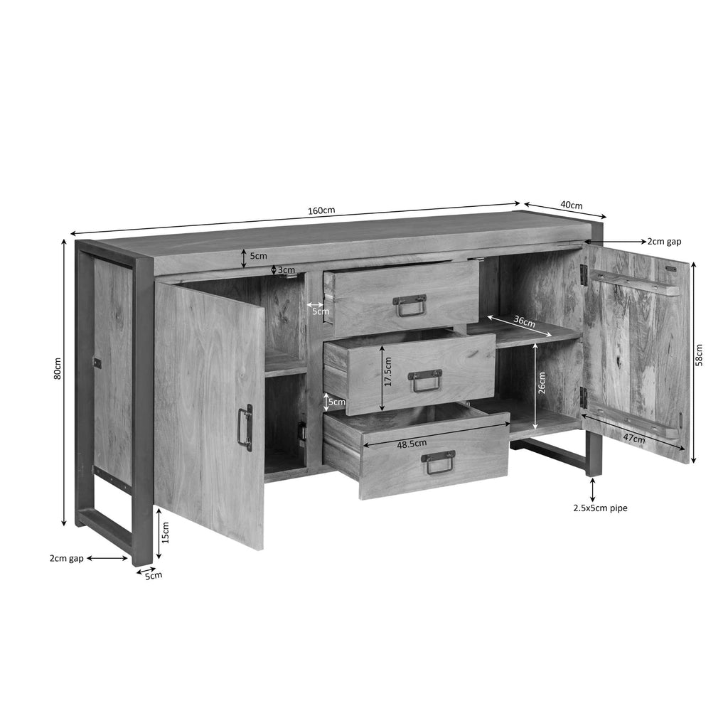 Sideboard Bori Natur – Mangoholz Kommode mit Metallrahmen & Lamellen-Optik, 160×80×40 cm, 2 Türen, 3 Schubladen & Regalfächer