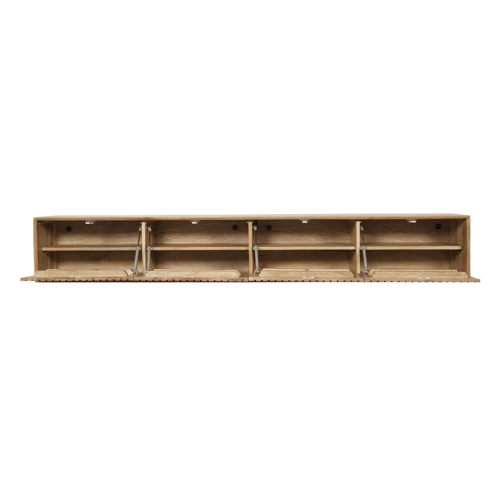 Schwebendes TV Board Madison Natur 200x35x30 cm – modernes Mangoholz mit Lamellenfront & grifflose Türen