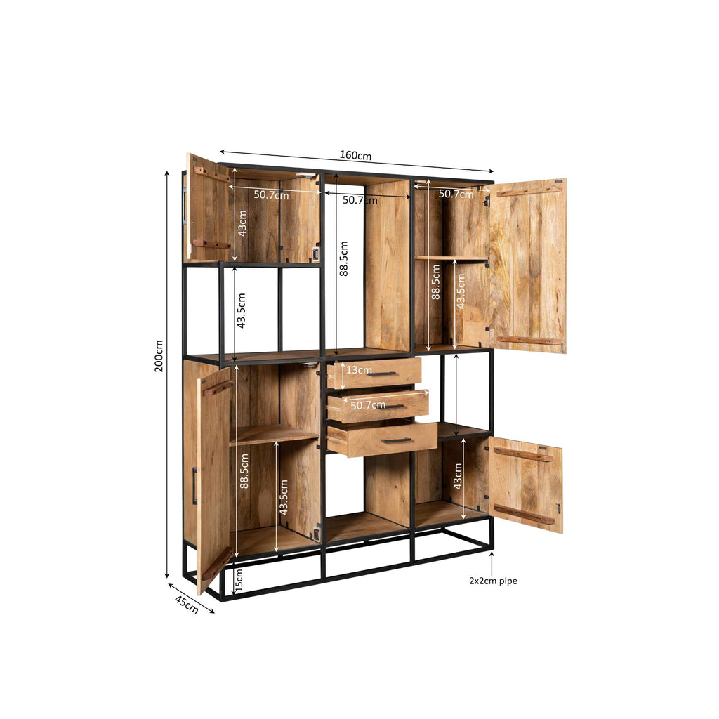 Regalschrank Delta Natur Supreme XXL – Wandschrank aus Mangoholz mit Metallgestell, 2 große & 2 kleine Türen, 3 Schubladen, 160 x 45 x 200 cm
