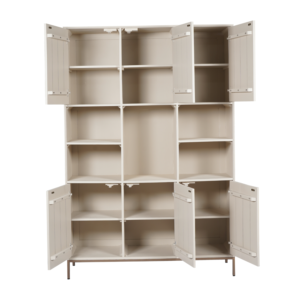 Regal Mandy XL Sand – Mangoholz mit Sand-Finish, bronzefarbenem Metallrahmen, 5 offene Fächer & 6 Türen, 135 x 45 x 200 cm