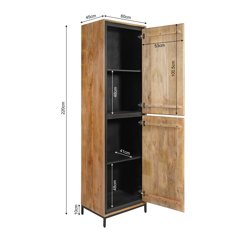 Bücherregal Rois – Mangoholz Aufbewahrungsschrank 60×220×45 cm mit Metallrahmen & 2 grifflosen Türen, modernes Design