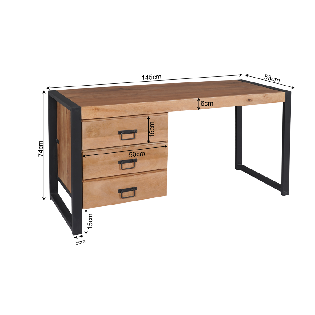 Schreibtisch Bori 145x58x74 cm – Massivholz-Mangoholz Homeoffice-Tisch mit 3 Schubladen & schwarzen Metallgriffen