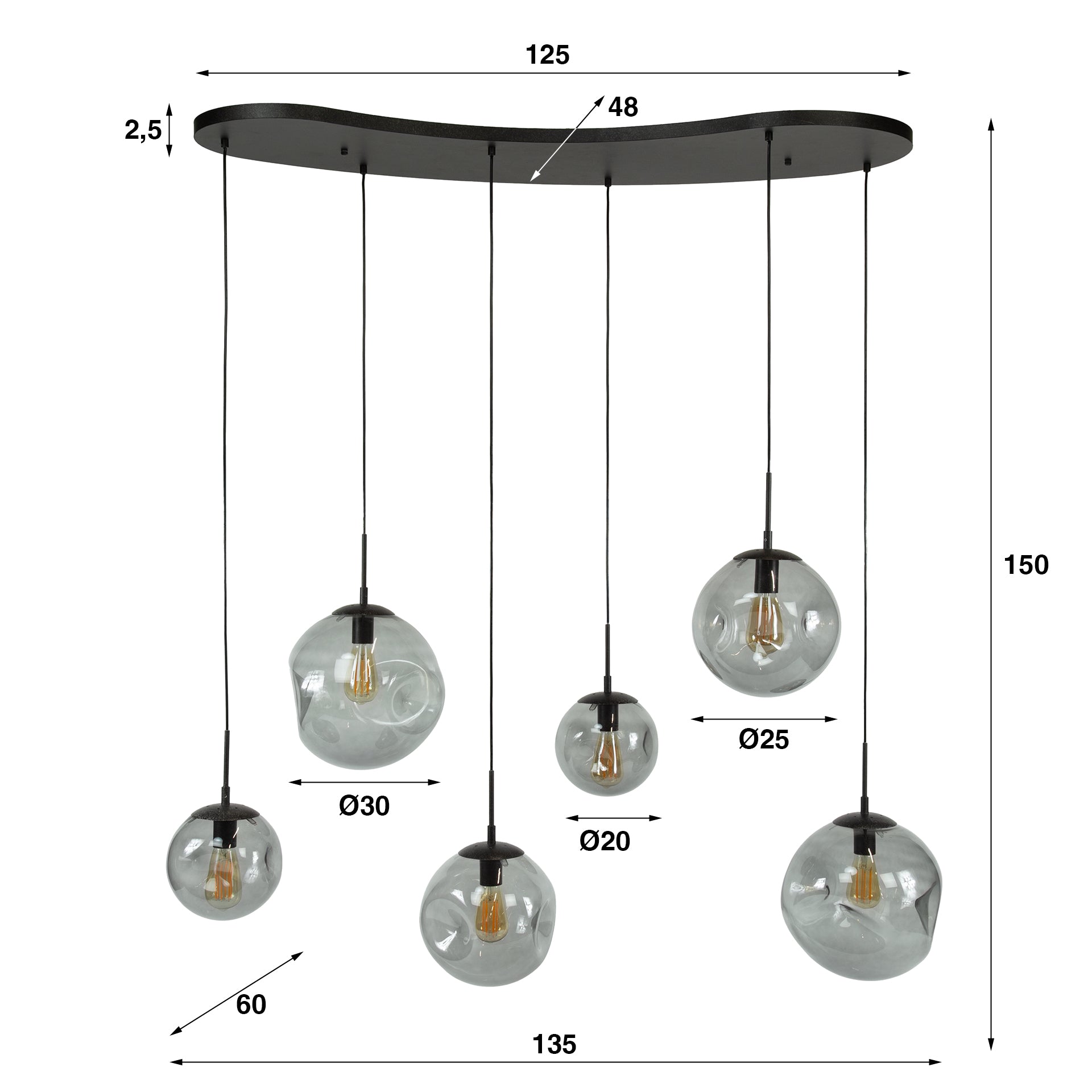 Pendelleuchte Ariva – 6-flammig ,schwarze Deckenleuchte mit Glas, höhenverstellbar bis 150 cm