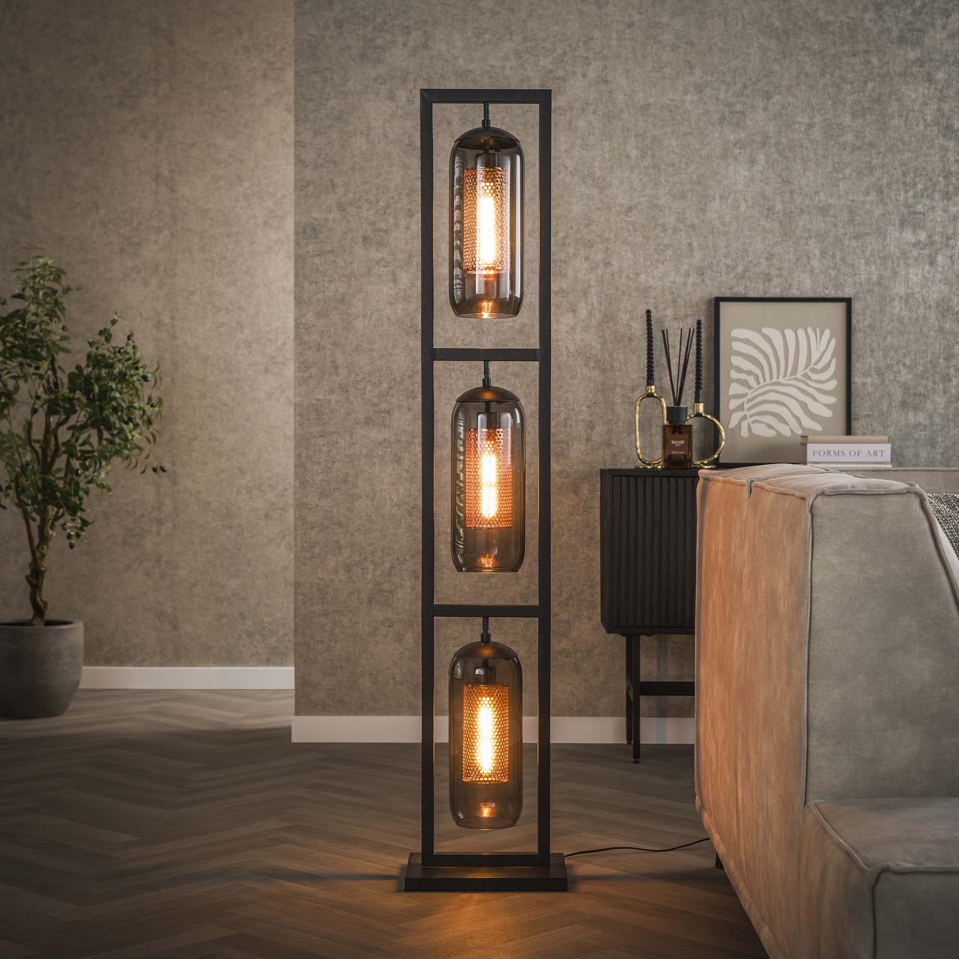 Stehleuchte Turm 3L Smoke Glas & Lochstahl 32×23×158 cm