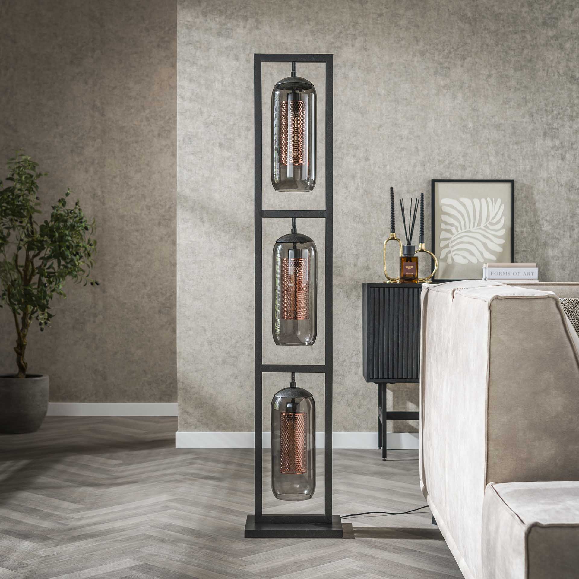 Stehleuchte Turm 3L Smoke Glas & Lochstahl 32×23×158 cm