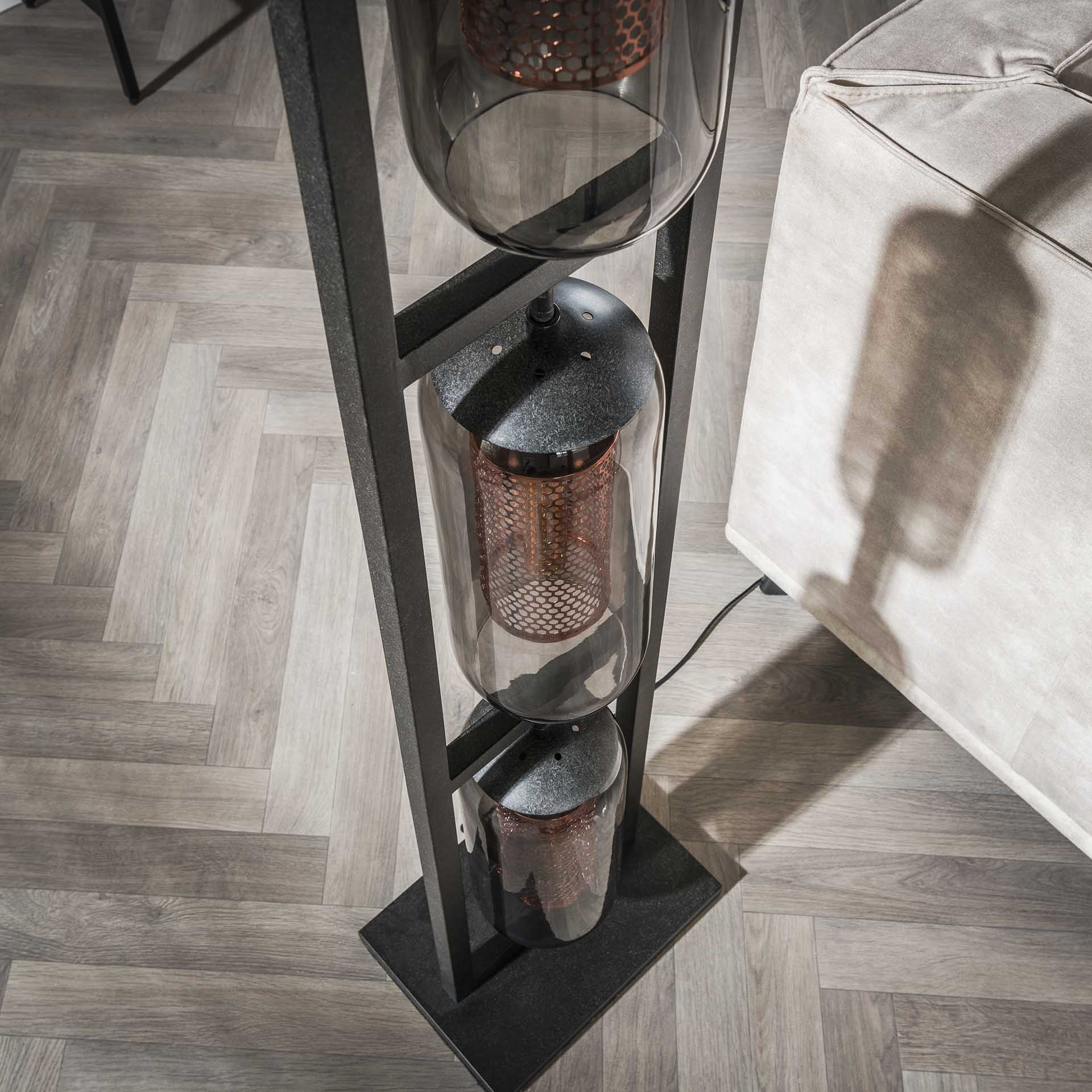 Stehleuchte Turm 3L Smoke Glas & Lochstahl 32×23×158 cm