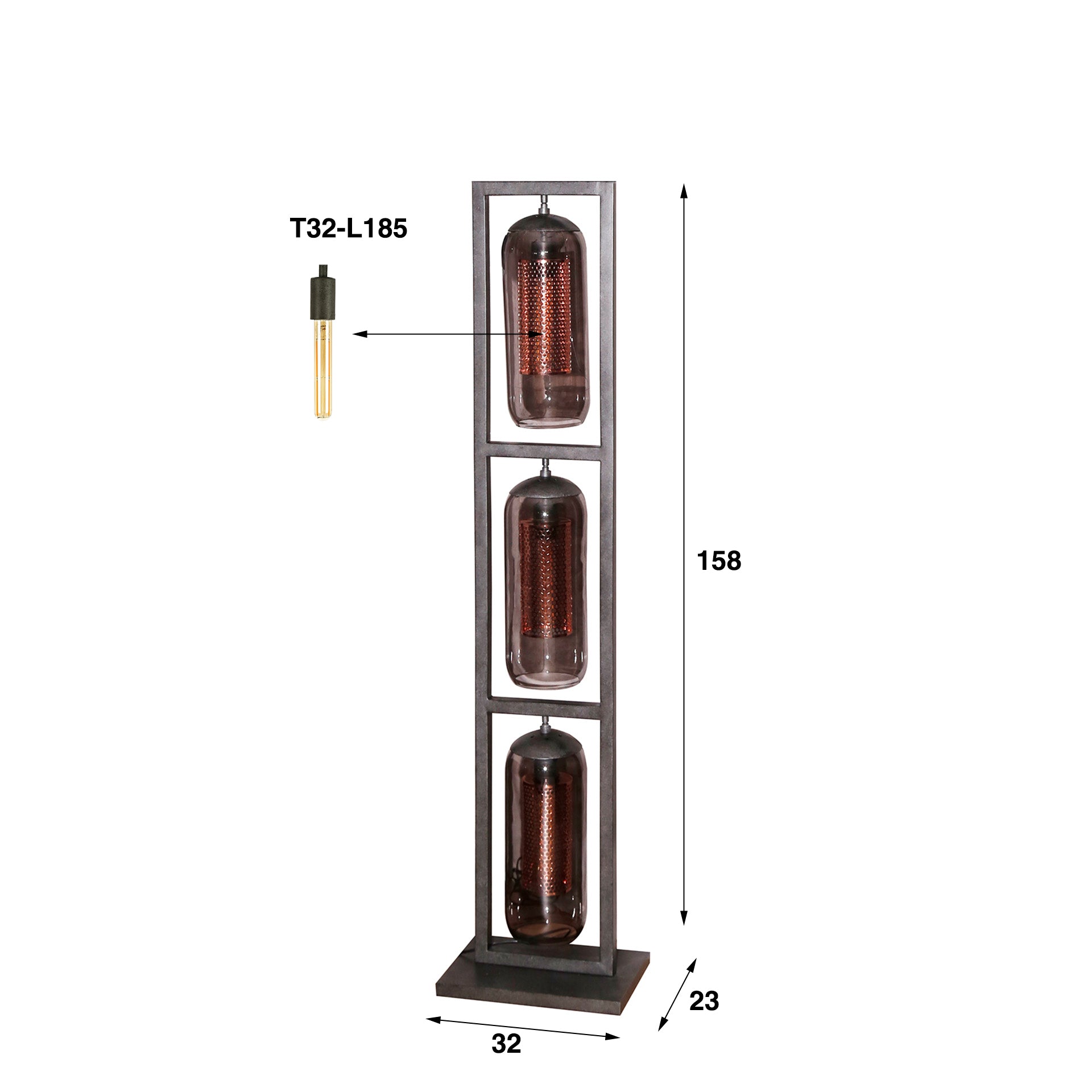 Stehleuchte Turm 3L Smoke Glas & Lochstahl 32×23×158 cm