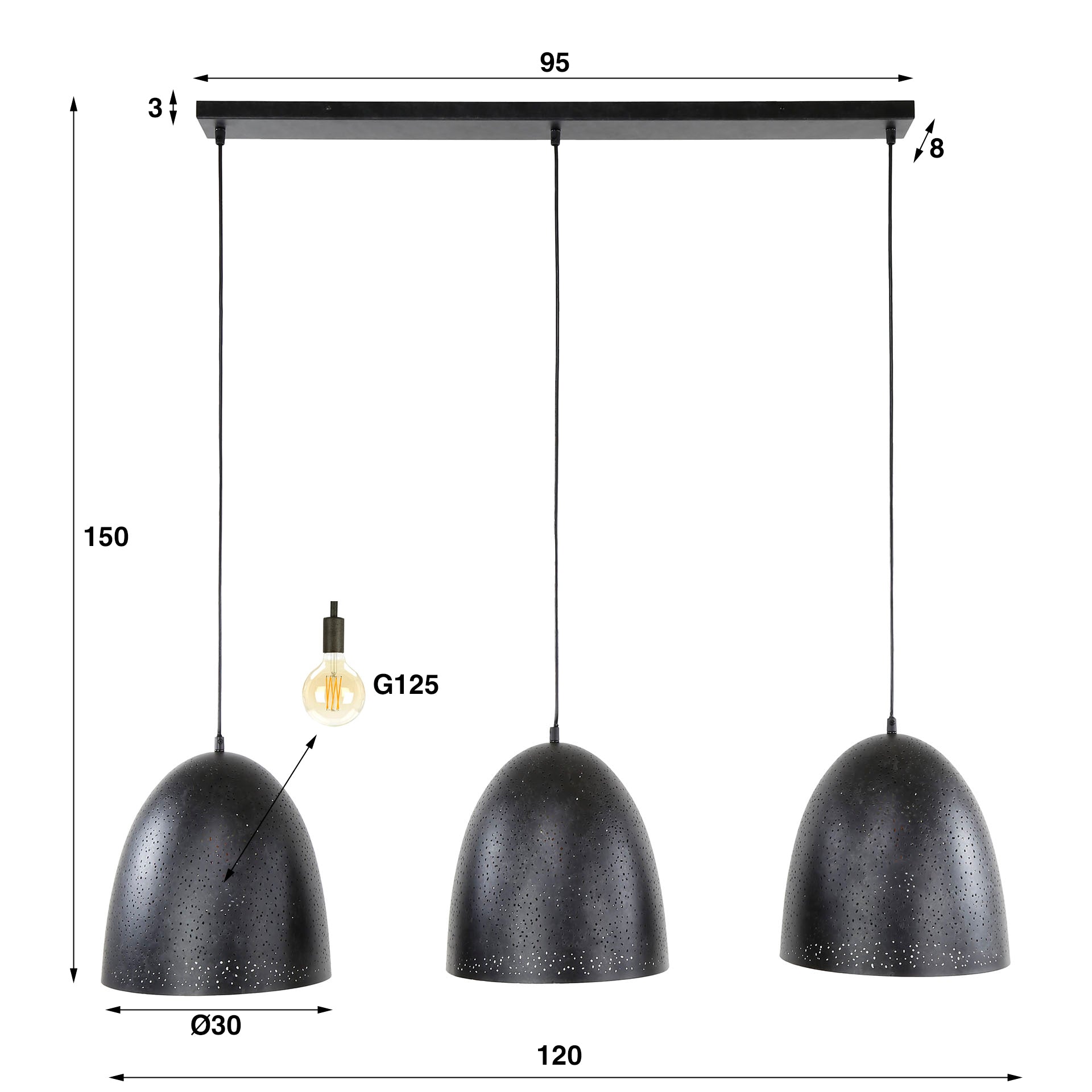 Hängelampe Kosmos Vetro 3L 120×30×150 cm – Metall Anthrazit