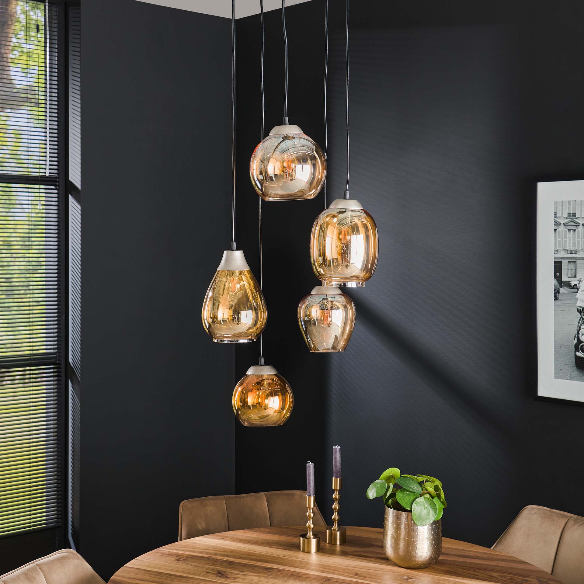 Hängeleuchte Ambero 5L 43×43×150 cm – Glas-Leuchte Chrom, höhenverstellbar