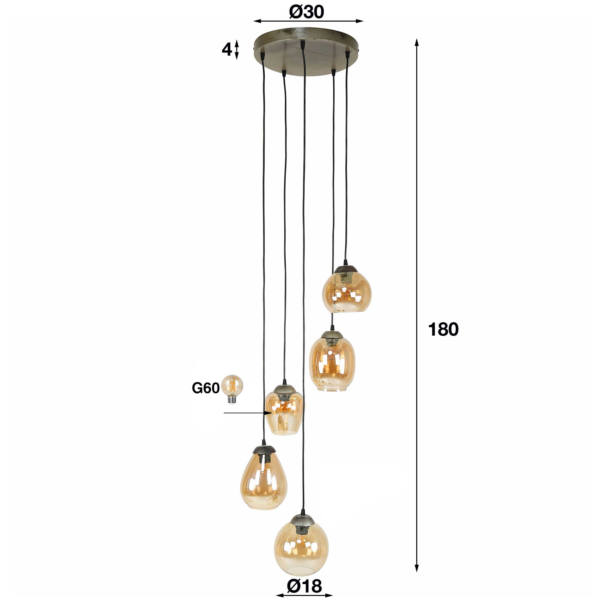 Hängeleuchte Ambero 5L 43×43×150 cm – Glas-Leuchte Chrom, höhenverstellbar