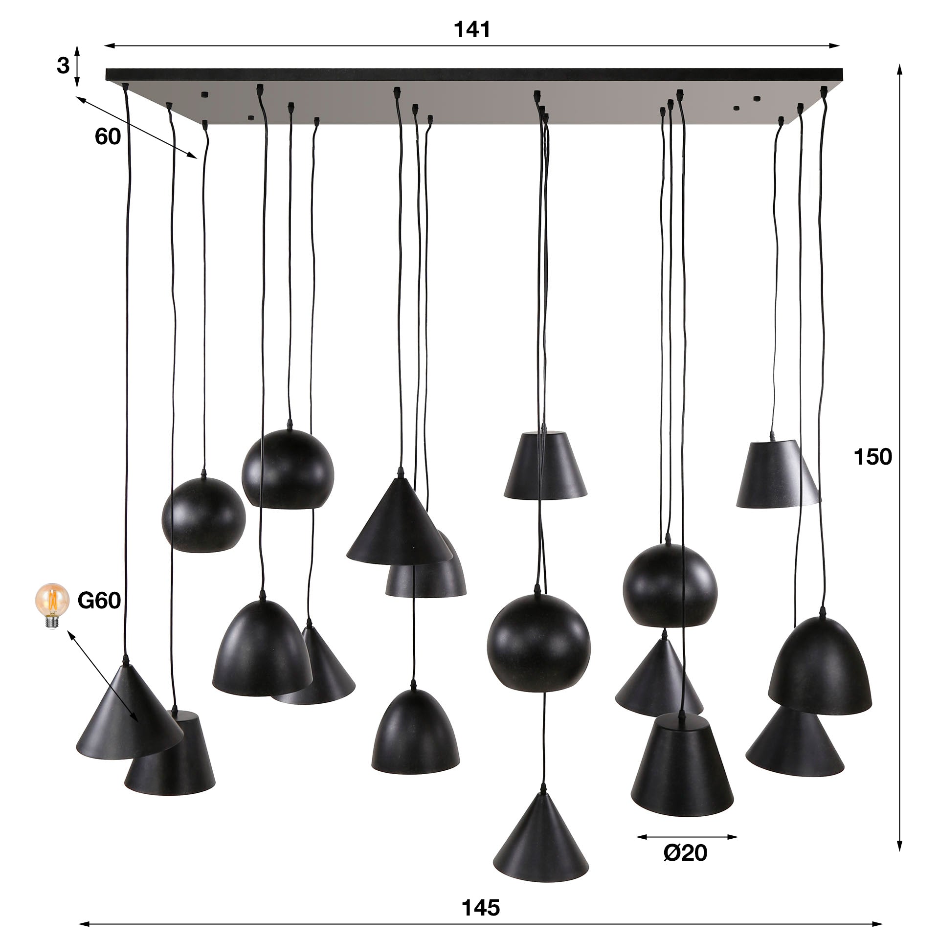 Hängelampe Ruote 18L XXL 145×60×150 cm – beeindruckende Metall-Leuchte