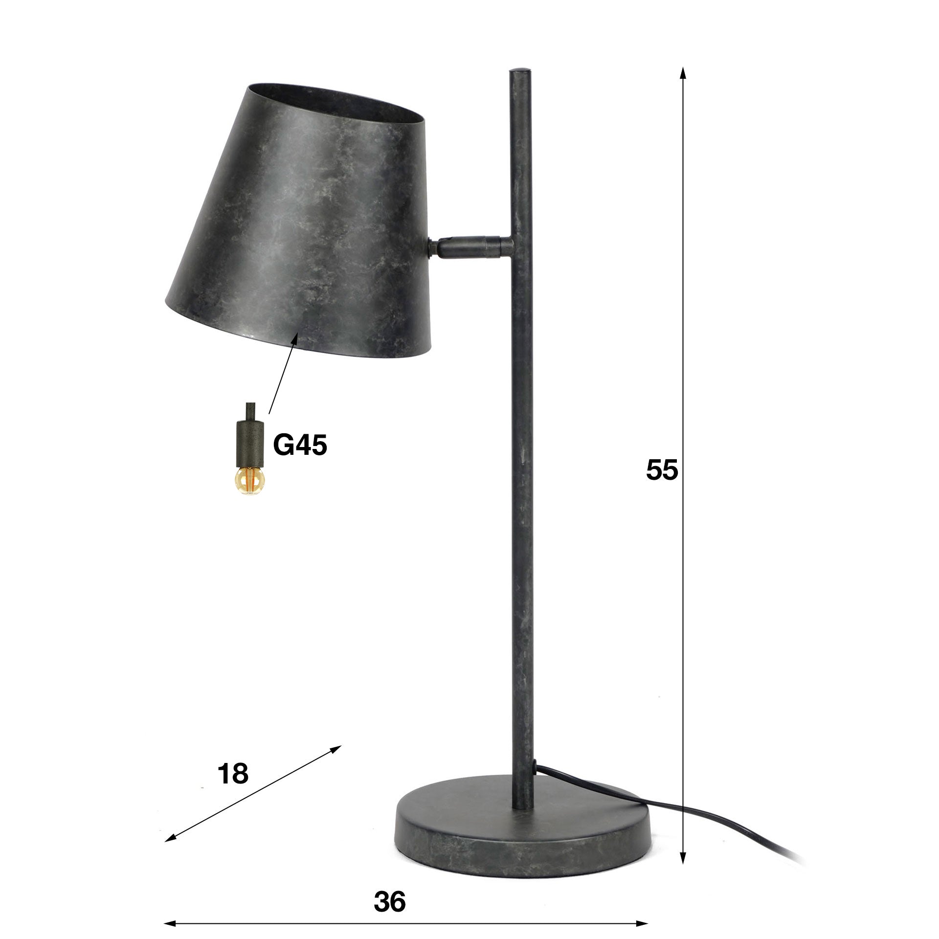 Tischleuchte Schermo 1-flammig 36×18×55 cm – verstellbarer Metallschirm