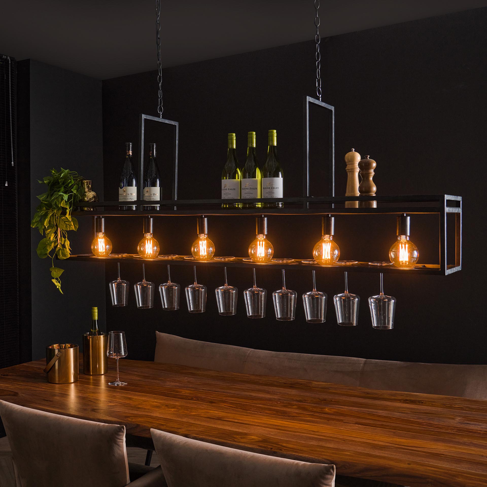 Hängeleuchte Freddo 6-flammig 160×28×150 cm – rechteckige Metall-Leuchte in Anthrazit mit Glas- & Ablagefunktion