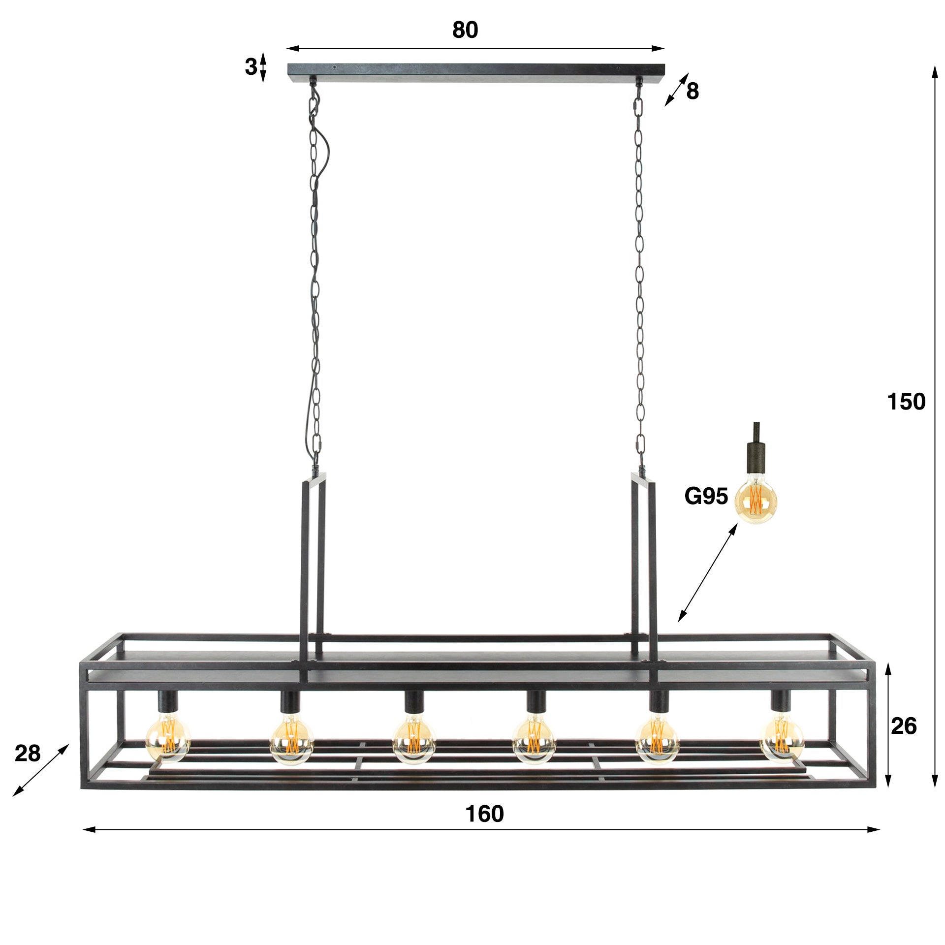 Hängeleuchte Freddo 6-flammig 160×28×150 cm – rechteckige Metall-Leuchte in Anthrazit mit Glas- & Ablagefunktion