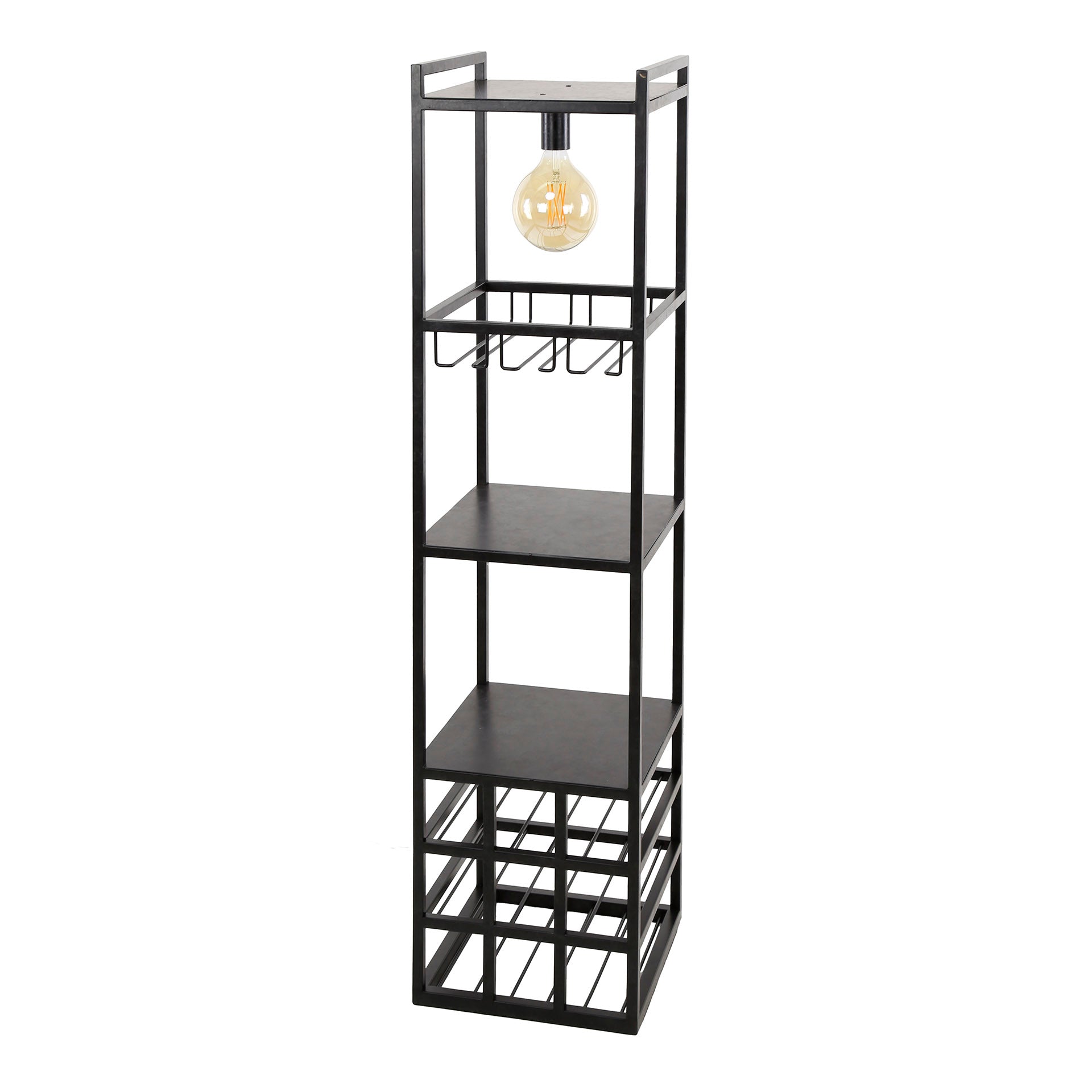 Stehleuchte Vino mit Weinregal 33×35×132 cm – dekorative Metall-Leuchte mit Platz für 9 Flaschen & Gläser