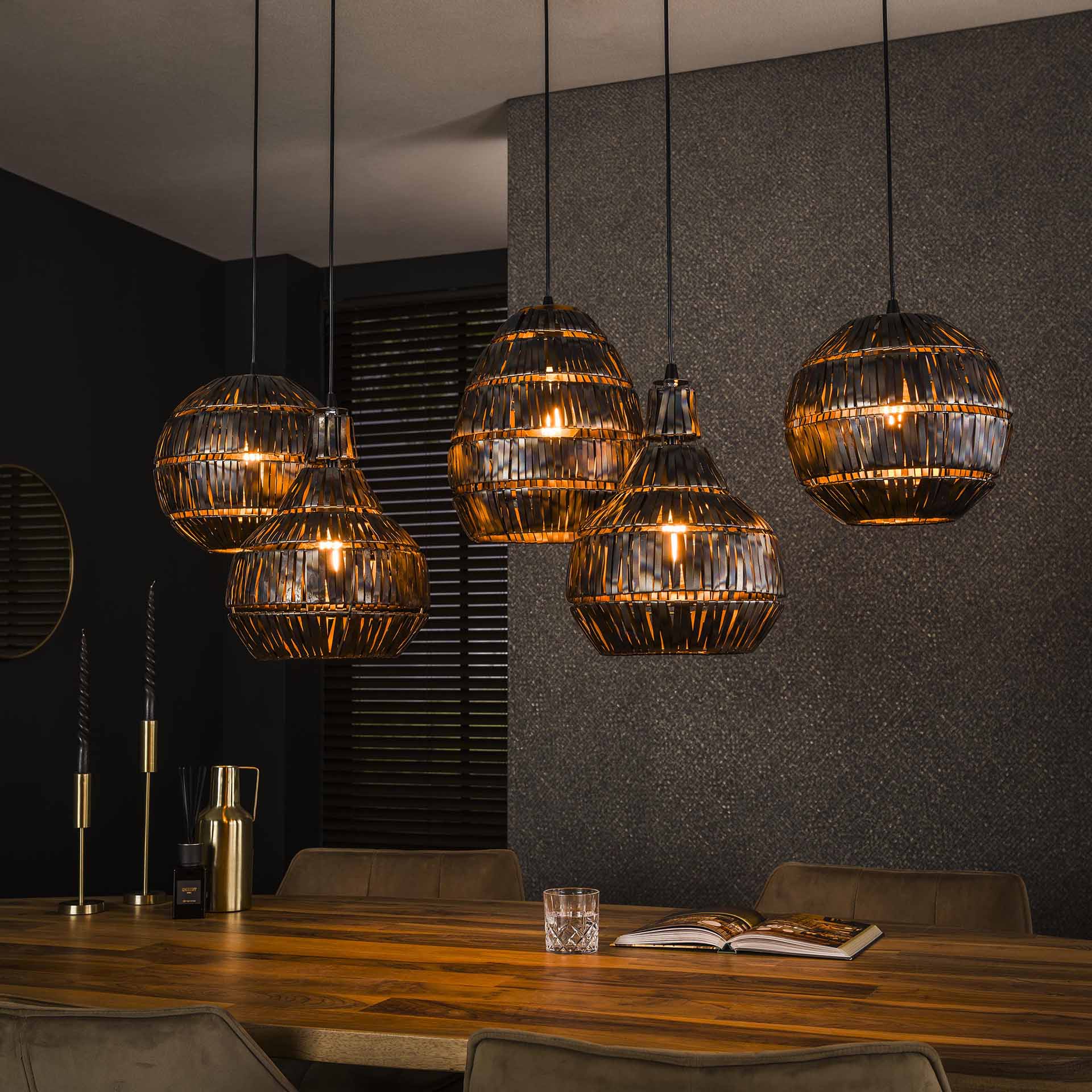 Hängelampe Bohomo 5-flammig Strip Multi Shade 130×30×150 cm – handgefertigte Metall-Leuchte, höhenverstellbar