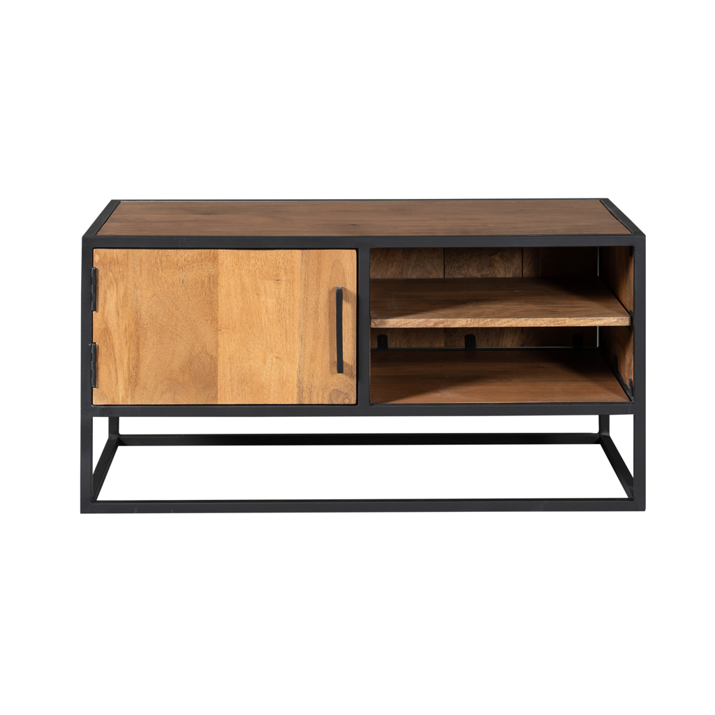 TV-Board Delta Natur – Mangoholz mit schwarzem Gestell & Holzeinlagen, 100 x 45 x 50 cm