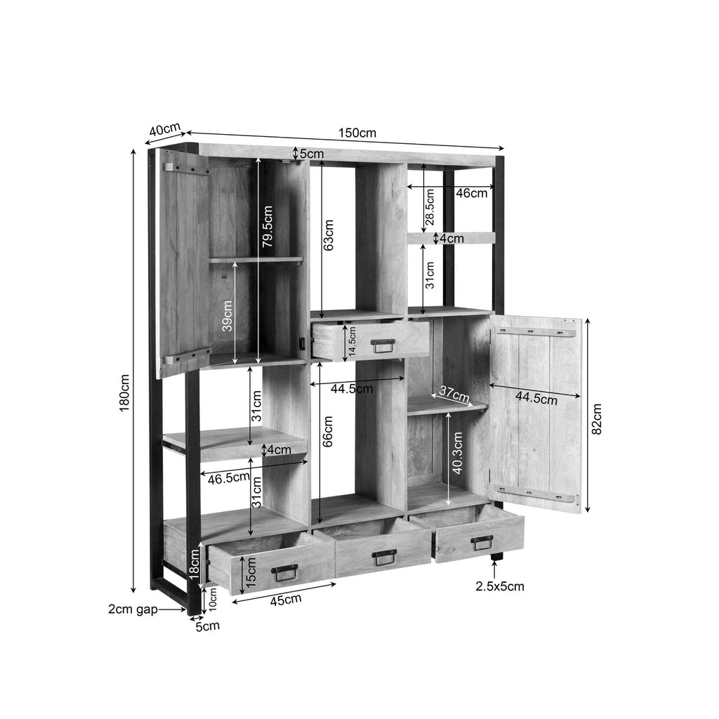 Schrank Bori Mangoholz & Metall 150x40x180 cm – modernes Aufbewahrungsregal mit Schubladen, Türen & Fächern