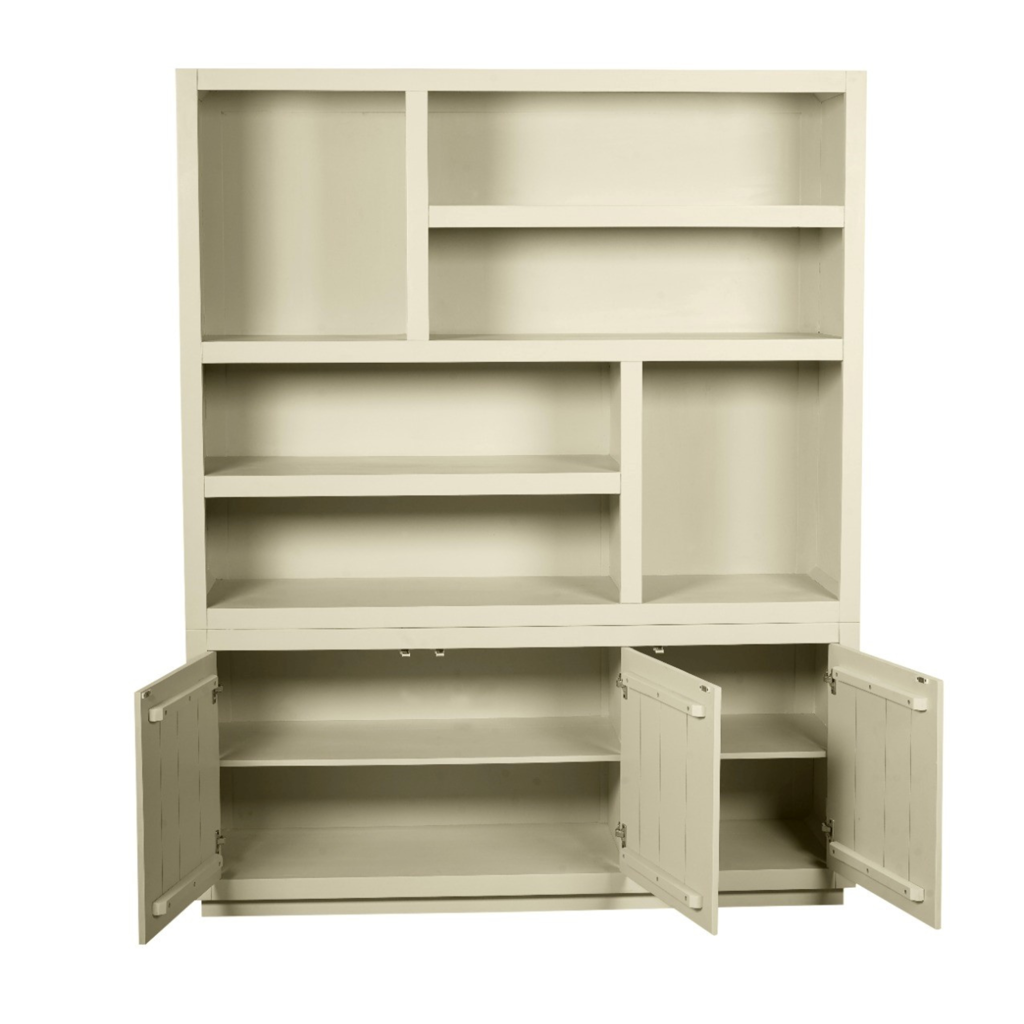 Regal Bali XL 160x45x200 cm – Mangoholz Bücherregal in Sand-Finish mit offenen Fächern & 3 Türen (Push-to-Open)