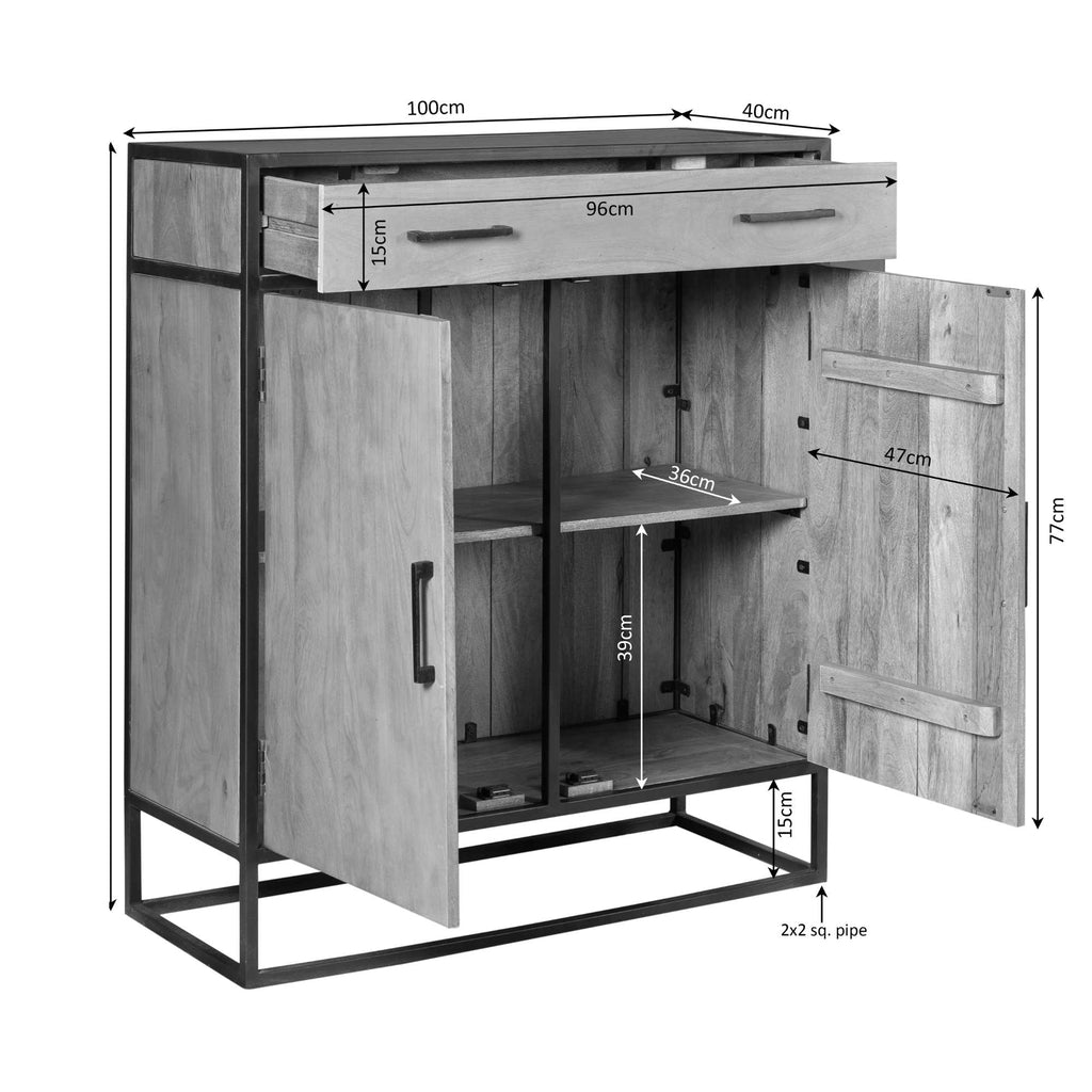 Schrank Delta aus Mangoholz mit Metallgestell – 2 Türen & 1 Schublade, modernes Design in Schwarz, 100 x 40 x 115 cm