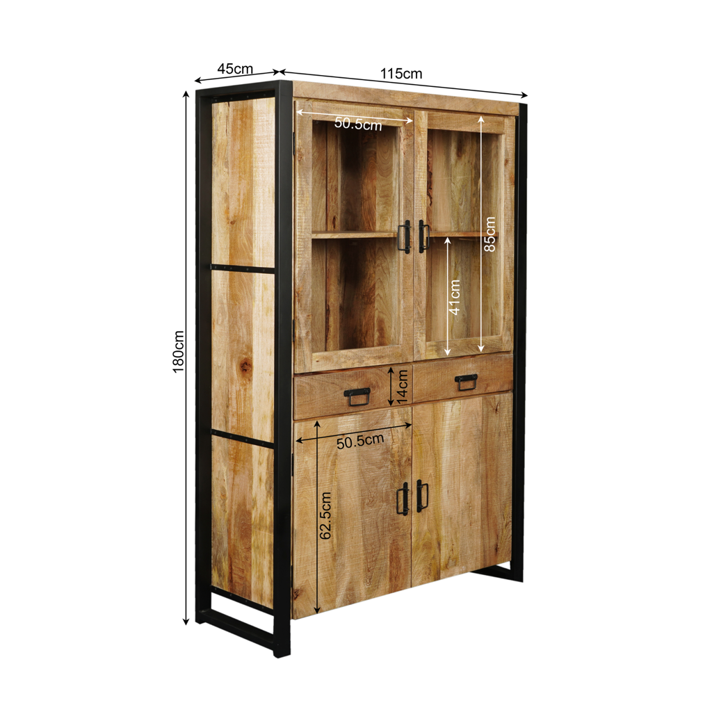 Vitrinenschrank Bori 115x45x180 cm – modernes Mangoholz-Highboard mit Metallrahmen & viel Stauraum