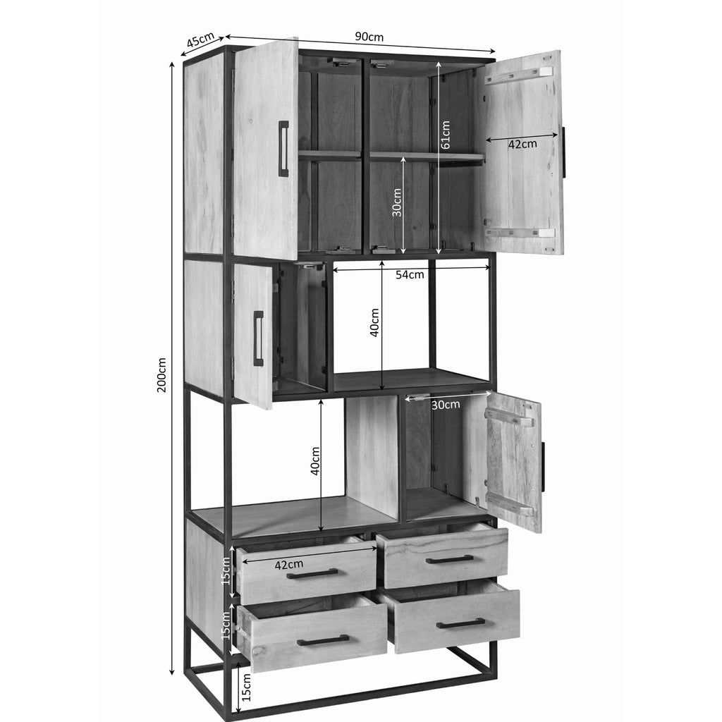 Schrank Delta 90x45x200 cm – Massives Mangoholz Bücherregal Natur mit Metallrahmen & viel Stauraum