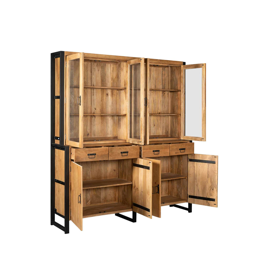 Vitrine Bori XXL Schwarz – Mangoholz & Metall, 200 x 45 x 220 cm, modernes Highboard mit Türen & Schubladen