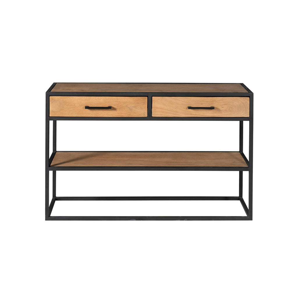 Beistelltisch Delta Natur – Mangoholz & Metall mit 2 Schubladen & Ablage, 120 x 35 x 76 cm