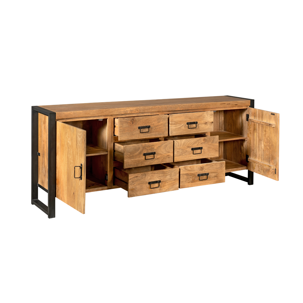 Sideboard Bori Natur– Mangoholz Kommode mit Metallgestell 200×80×40 cm, 2 Türen, 6 Schubladen & Regale. Modernes Möbelstück