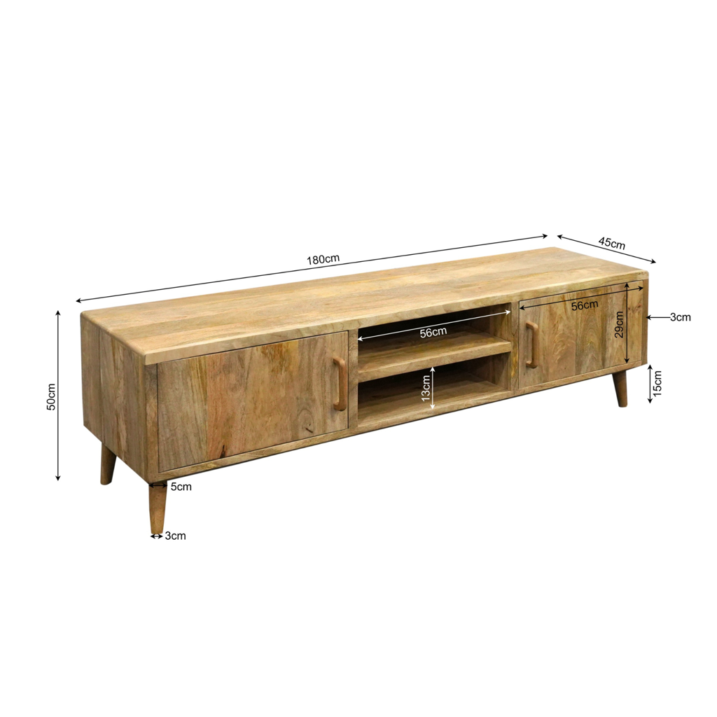 TV-Board Raven – Mangoholz TV-Schrank 120×50×45 cm mit 2 offenen Fächern, 1 Tür & dekorativen Holzelementen im modernen Design