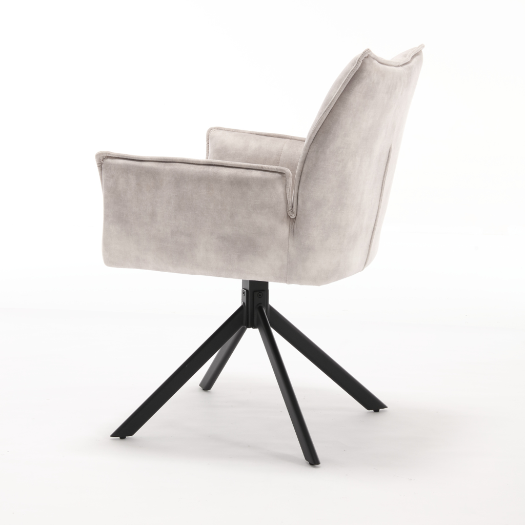 Esszimmerstuhl Daira Velvet Champagner – Drehstuhl 65×56×85 cm mit Armlehnen, Memory-Rückkehr & schwarzem Metallbein