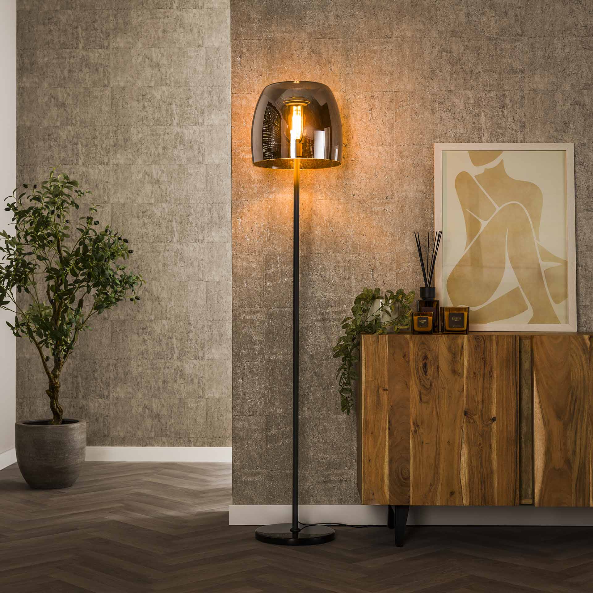 Stehleuchte Martina Drift Glass 1-flammig Ø35×170 cm – moderne Glas-Leuchte mit Chrom-Schirm, LED geeignet