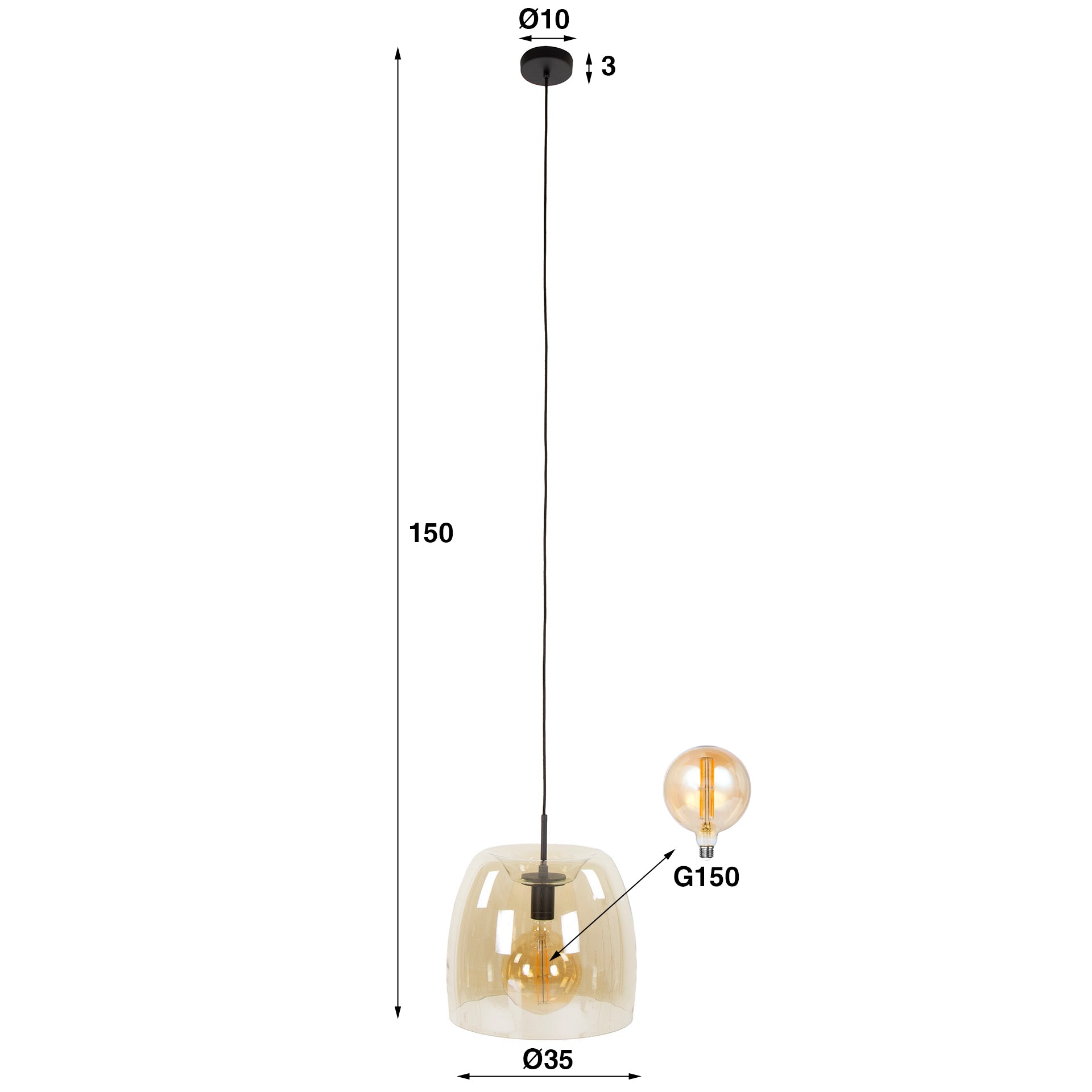 Hängeleuchte Martina Drift Glas Amber Ø35×150 cm – elegante Glas-Leuchte, höhenverstellbar, LED geeignet