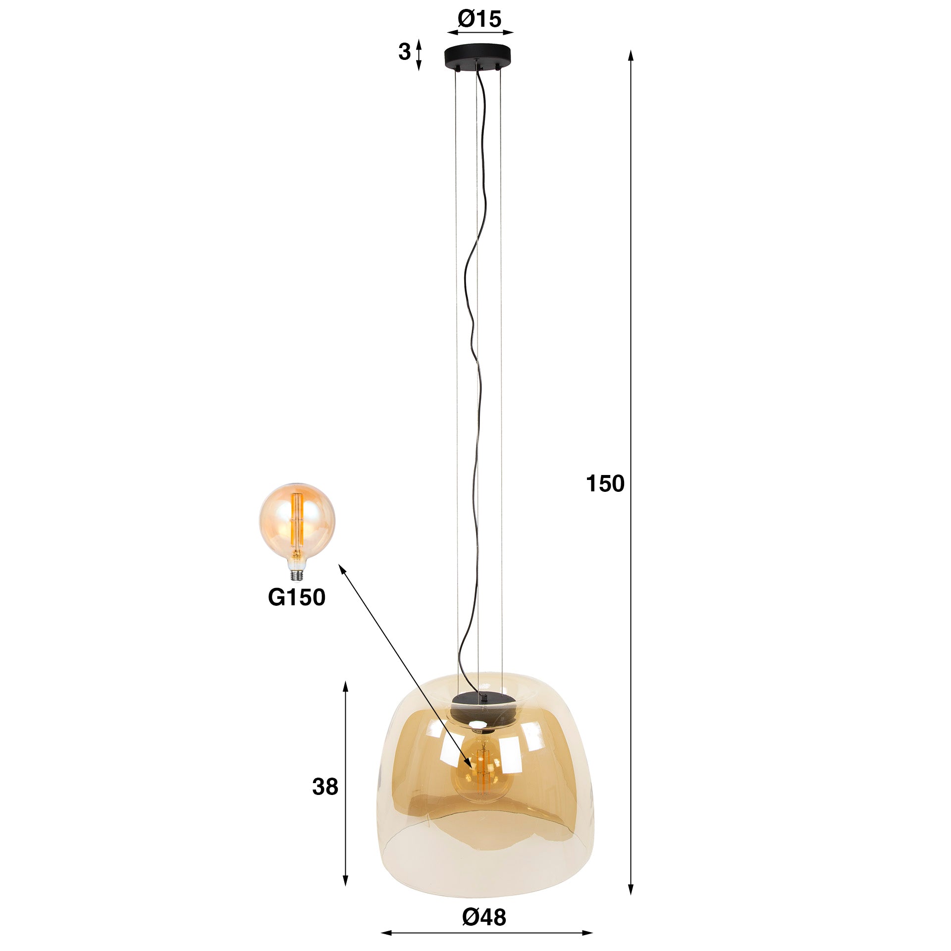 Hängeleuchte Martina Amber Glas Drift XL Ø48×38×150 cm – elegante Glas-Leuchte, höhenverstellbar, LED geeignet
