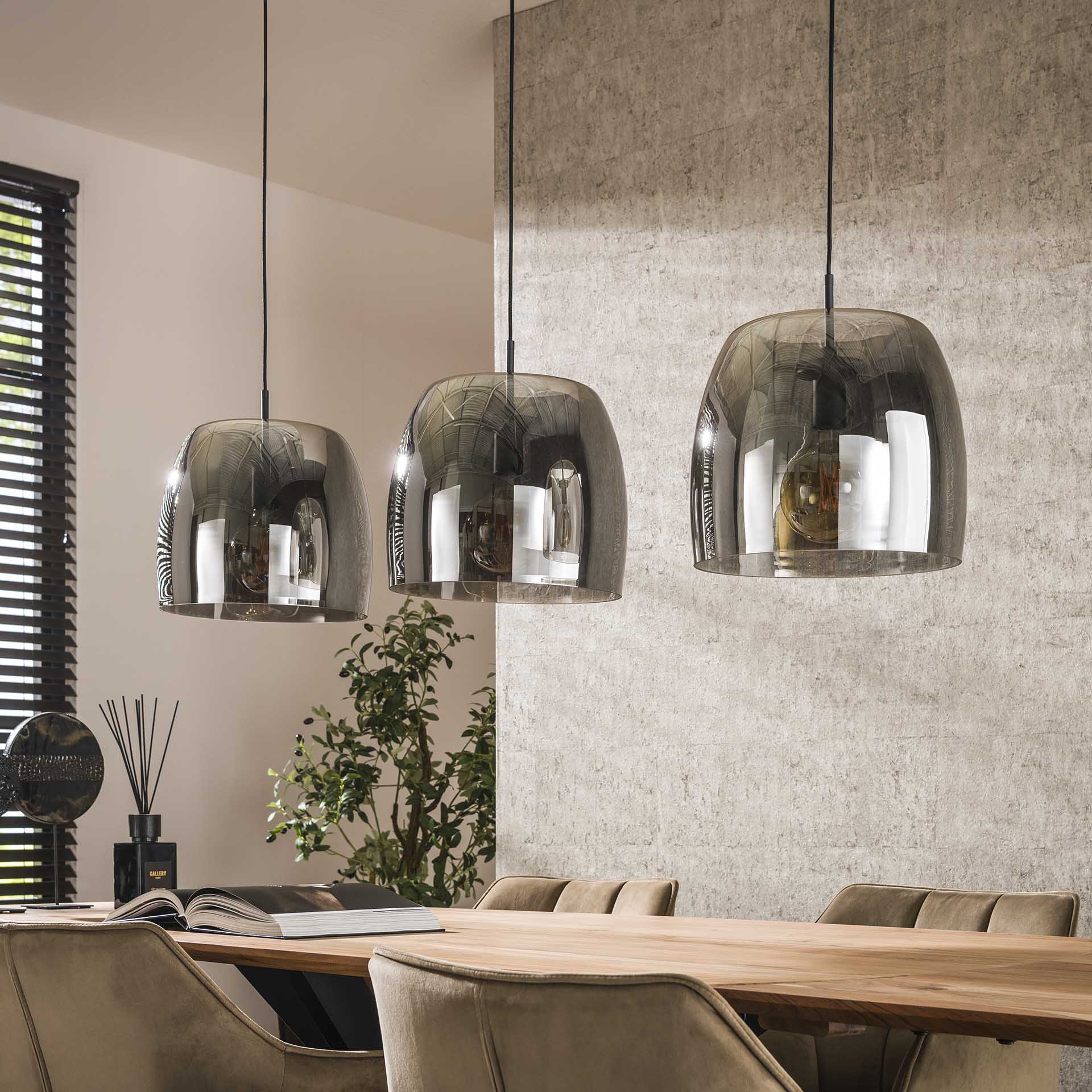 Hängeleuchte Martina 3-flammig Drift Glass 145×35×150 cm – moderne Glas-Leuchte mit Chrom-Finish, höhenverstellbar
