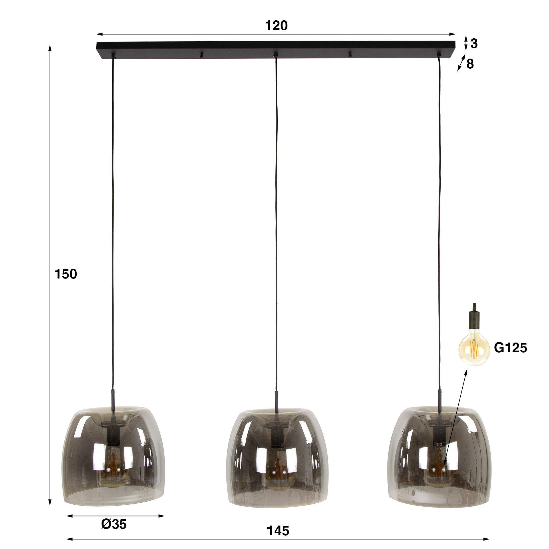 Hängeleuchte Martina 3-flammig Drift Glass 145×35×150 cm – moderne Glas-Leuchte mit Chrom-Finish, höhenverstellbar