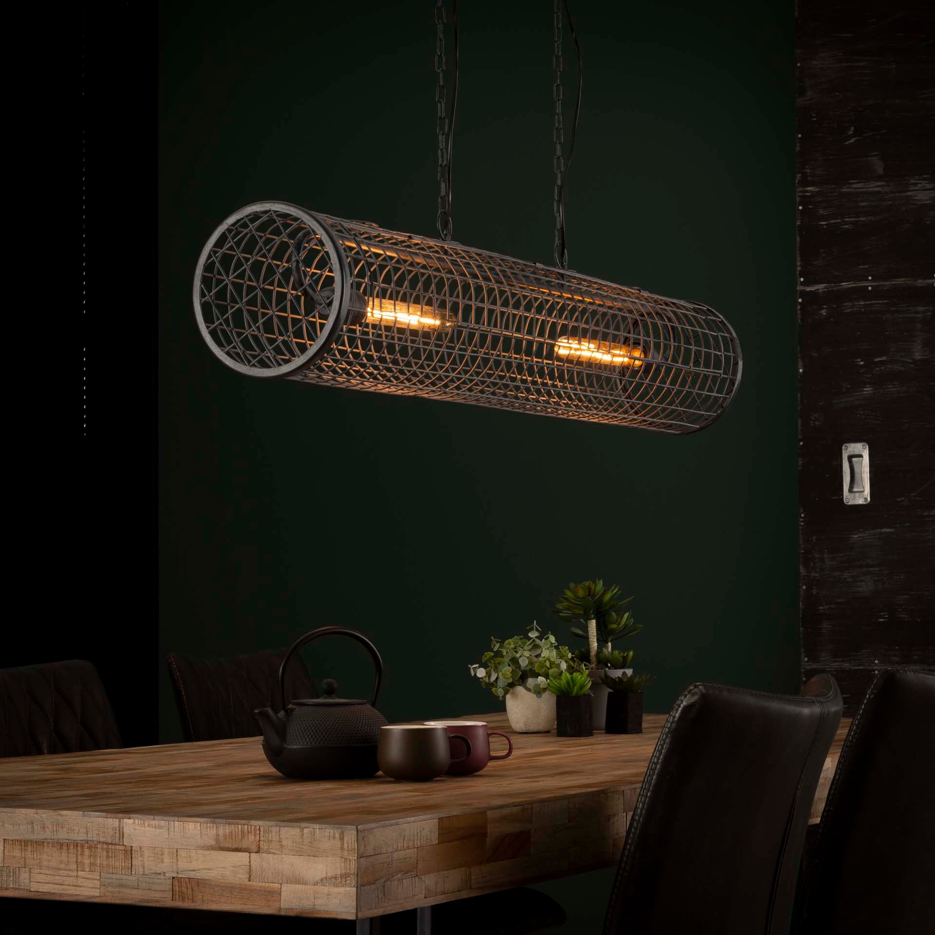 Hängeleuchte Venezia Ø20 cm Zylindergeflecht 120×20×150 cm. Industrielle Metall-Leuchte mit Netz-Design & Kettenaufhängung. Höhenverstellbar, LED E27 empfohlen.