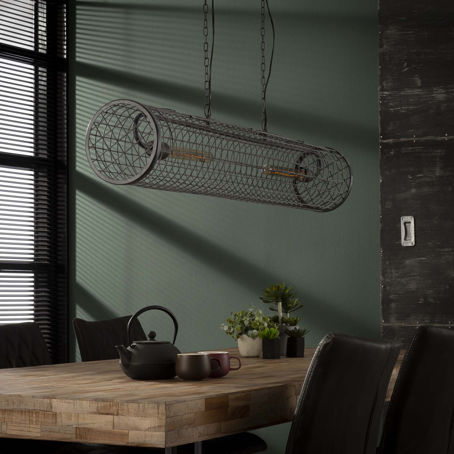 Hängeleuchte Venezia Ø20 cm Zylindergeflecht 120×20×150 cm. Industrielle Metall-Leuchte mit Netz-Design & Kettenaufhängung. Höhenverstellbar, LED E27 empfohlen.