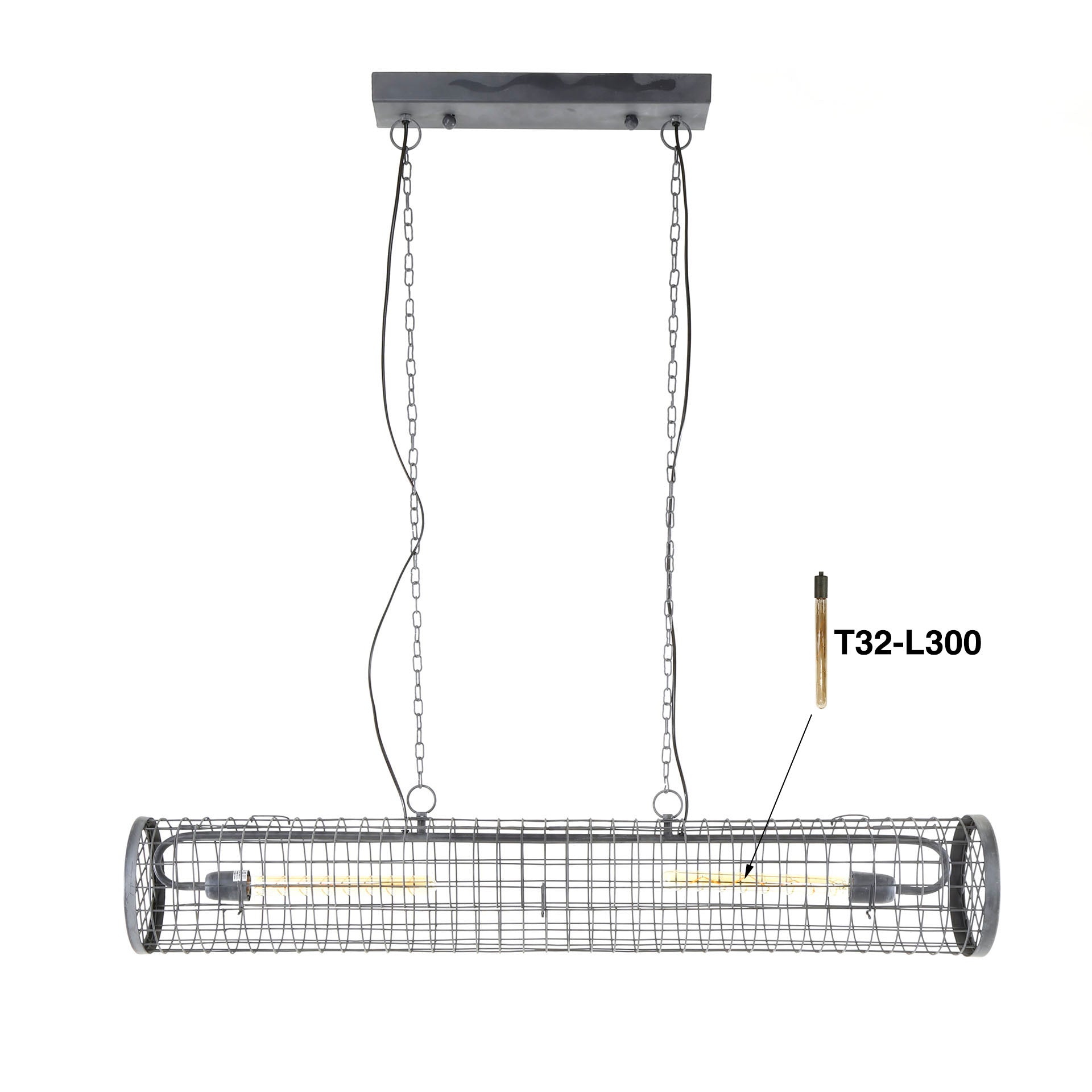 Hängeleuchte Venezia Ø20 cm Zylindergeflecht 120×20×150 cm. Industrielle Metall-Leuchte mit Netz-Design & Kettenaufhängung. Höhenverstellbar, LED E27 empfohlen.
