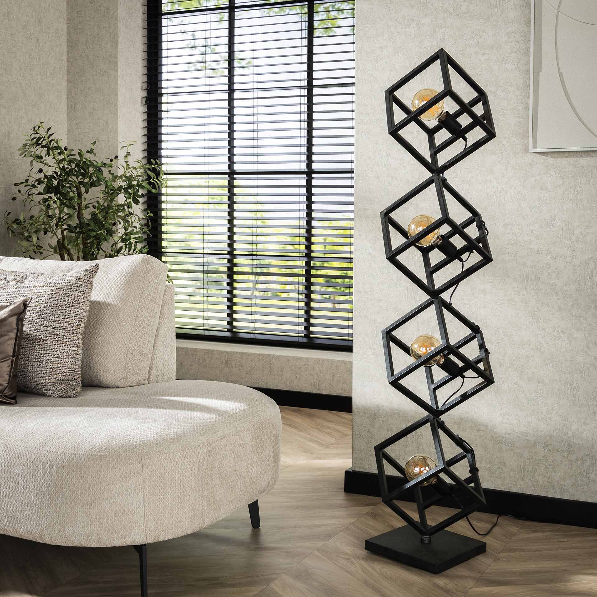 Stehleuchte Dadi 4L Würfel 35×35×150 cm – moderne Stand-Leuchte aus Metall im Charcoal-Finish, mit offenem Design, LED geeignet