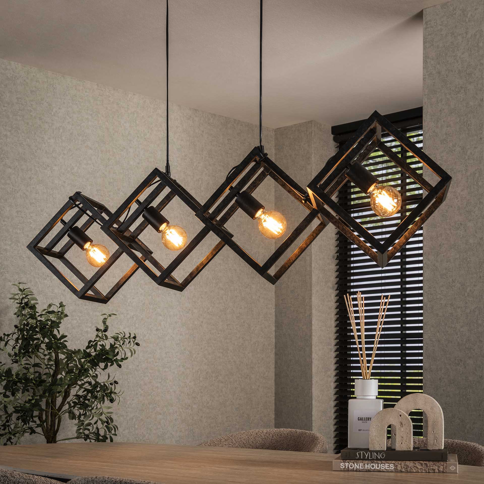 Hängeleuchte Dadi 4-flammig 150×35×150 cm – moderne Würfel-Leuchte aus Metall in Anthrazit, höhenverstellbar, LED geeignet